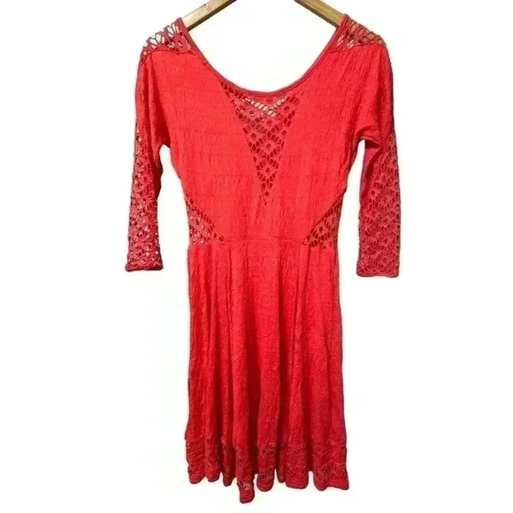 Free People Red Orange To the Point Long Sleeve Lace-Like Dress Size XS - Picture 2 of 8